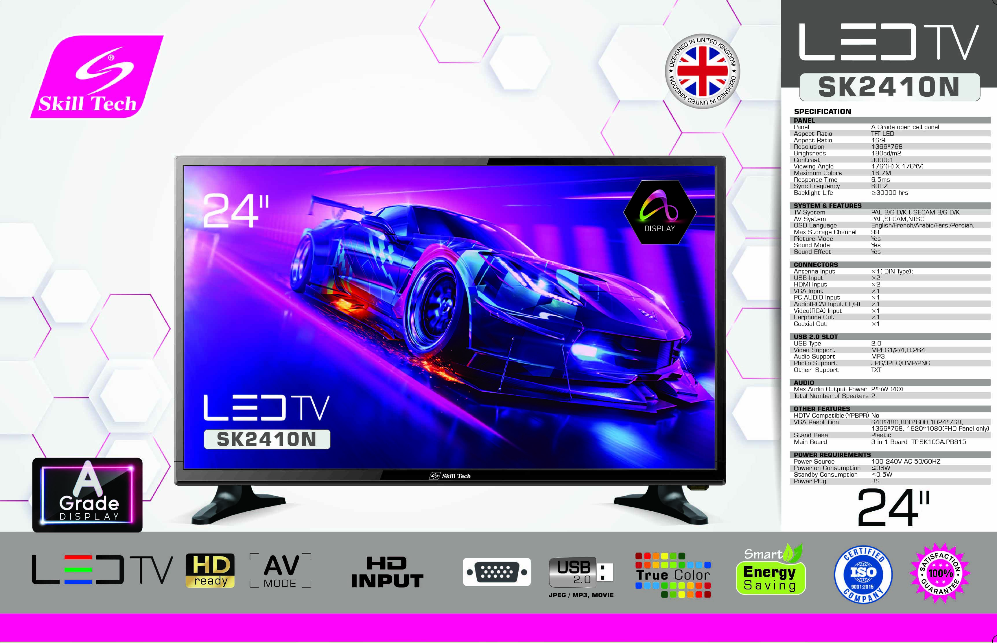 Skill Tech SK2410N 24-Inch HD Ready LED Television, 1366×768 Resolution, A-Grade Open Cell Panel, Wide 176° Viewing Angle, Multiple Picture & Sound Modes, Black