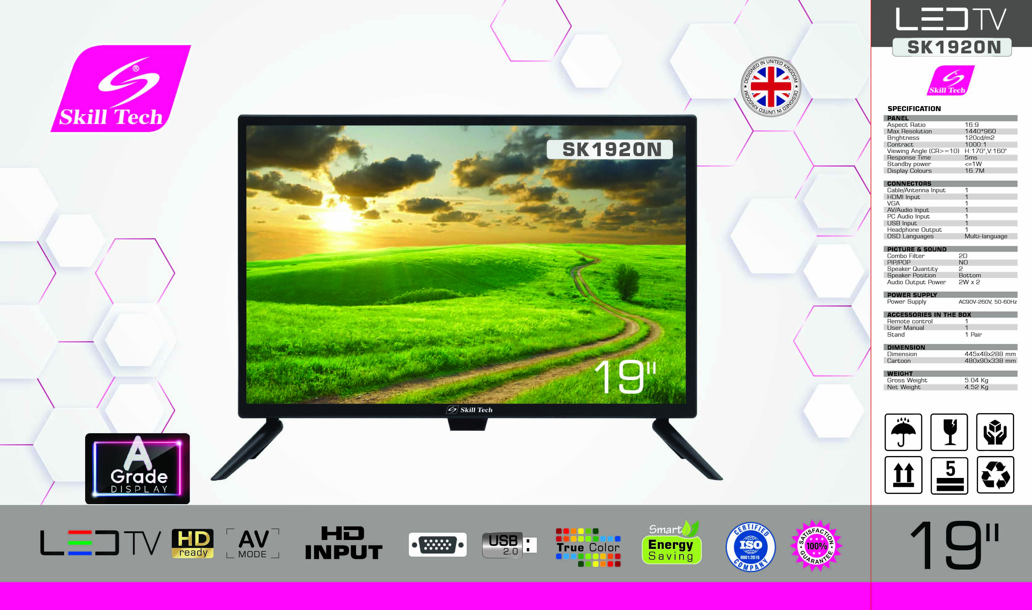 Skill Tech SK1920N 19-Inch HD LED TV, 1440×900 Resolution, HDMI, VGA & USB Connectivity, 16:9 Display, Dual Bottom Speakers, Multi-Language OSD, Energy Efficient, Black
