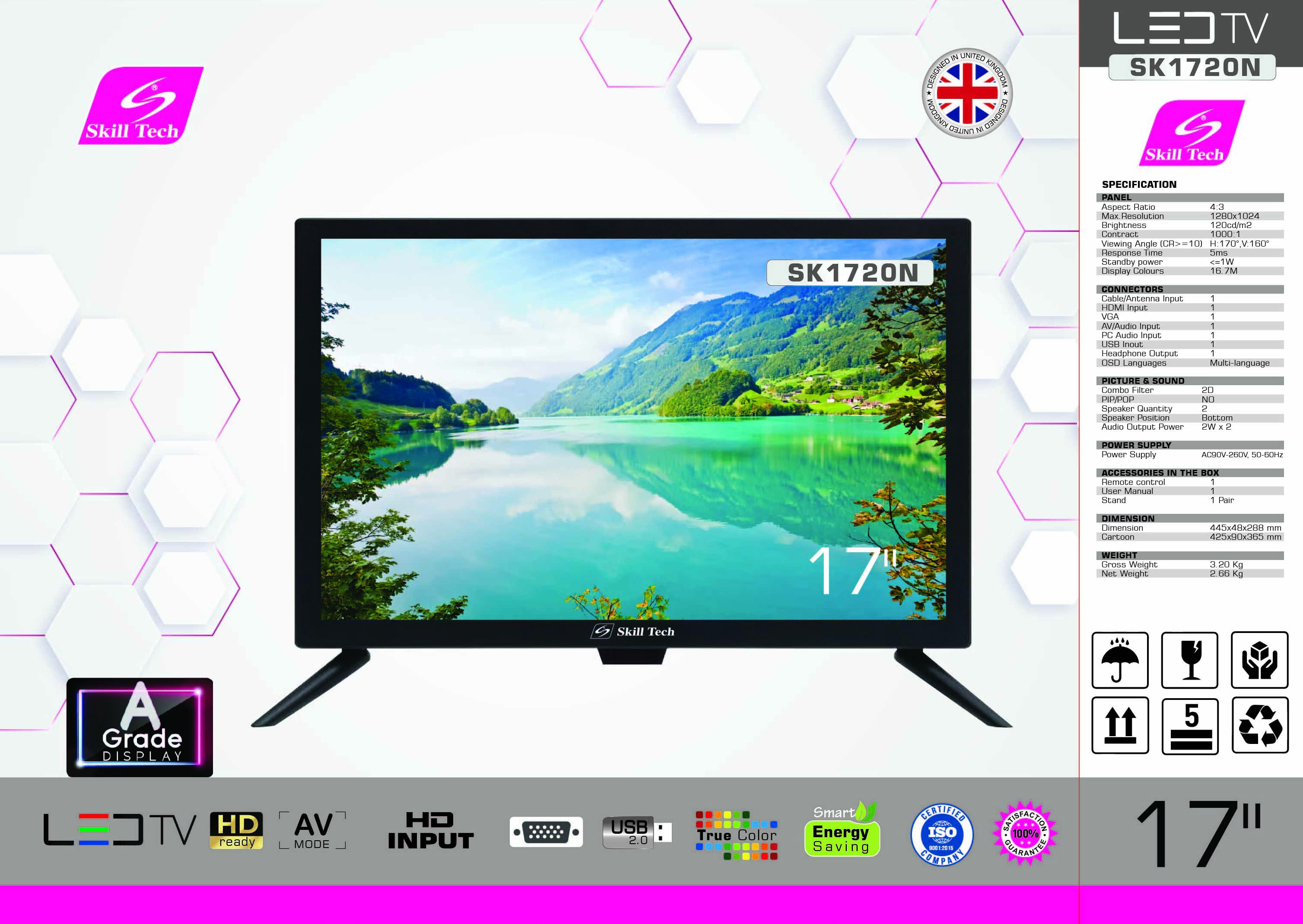 Skill Tech SK1720N 17-Inch HD LED TV, 1280×1024 Resolution, 4:3 Display, HDMI, VGA, USB & AV Connectivity, Dual 2W Speakers, Multi-Language OSD, Energy Efficient, Black