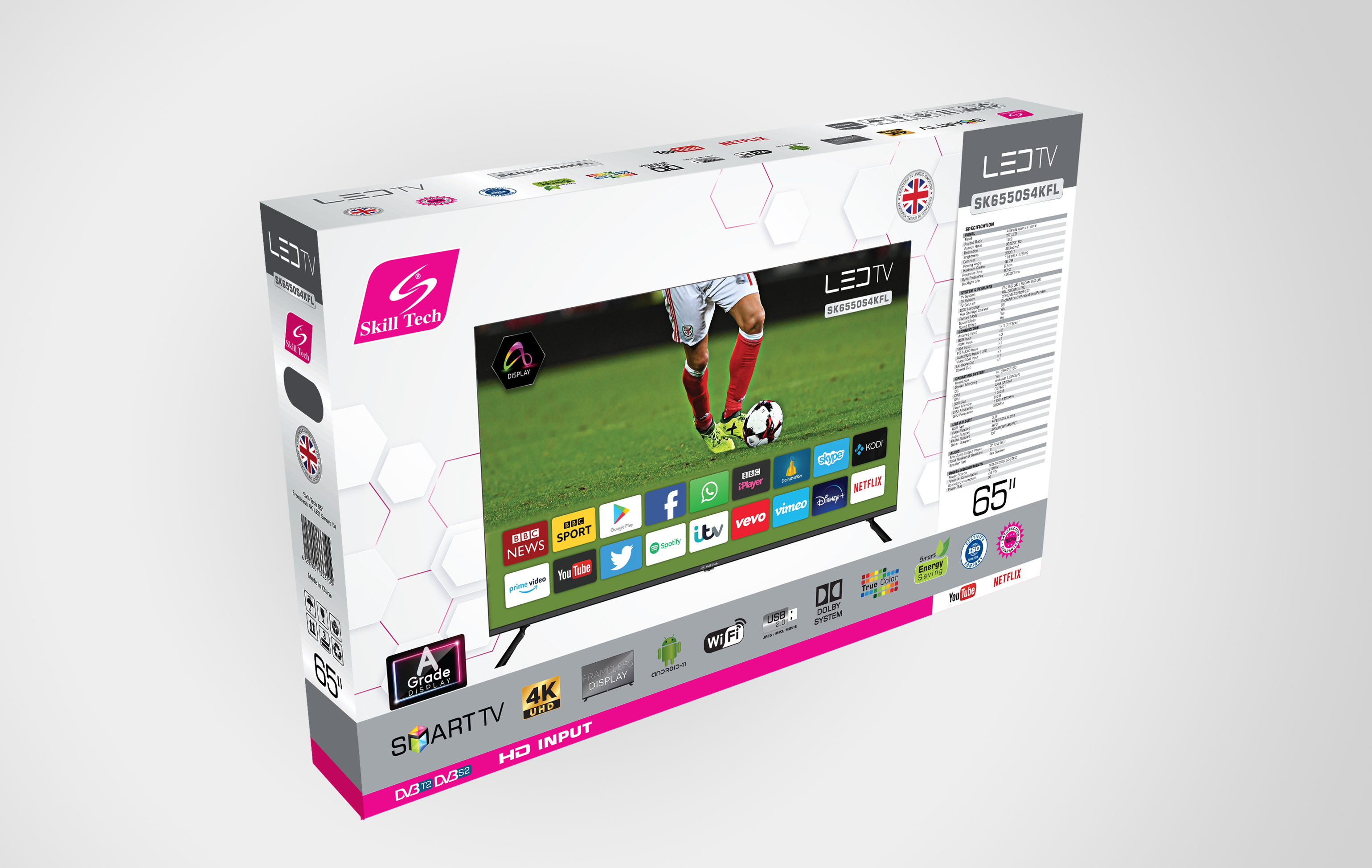 Skill Tech SK6550S4KFL 65-Inch 4K UHD Smart LED TV, 3840×2160 Resolution, A-Grade Open Cell Display, 176° Wide Viewing Angle, 3000:1 Contrast Ratio, DVB-T2/S2 Digital TV, Multi-Language OSD, Black