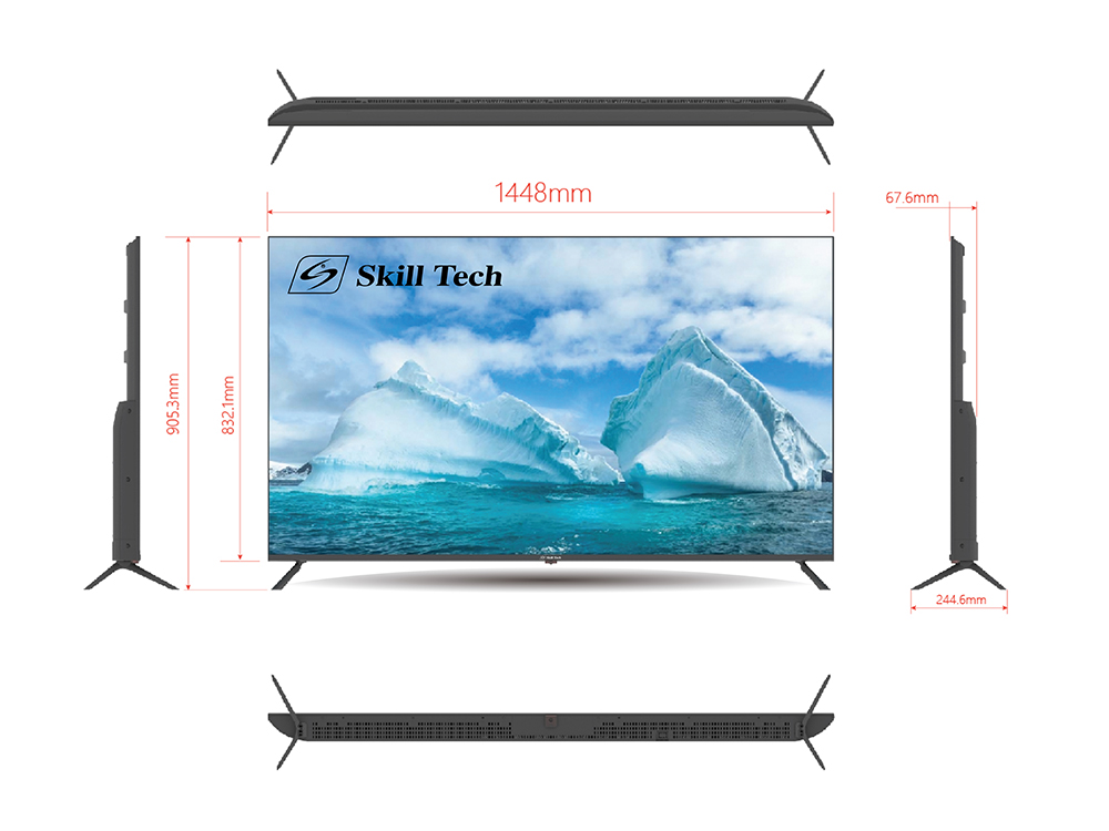 Skill Tech SK6550S4KFL 65-Inch 4K UHD Smart LED TV, 3840×2160 Resolution, A-Grade Open Cell Display, 176° Wide Viewing Angle, 3000:1 Contrast Ratio, DVB-T2/S2 Digital TV, Multi-Language OSD, Black