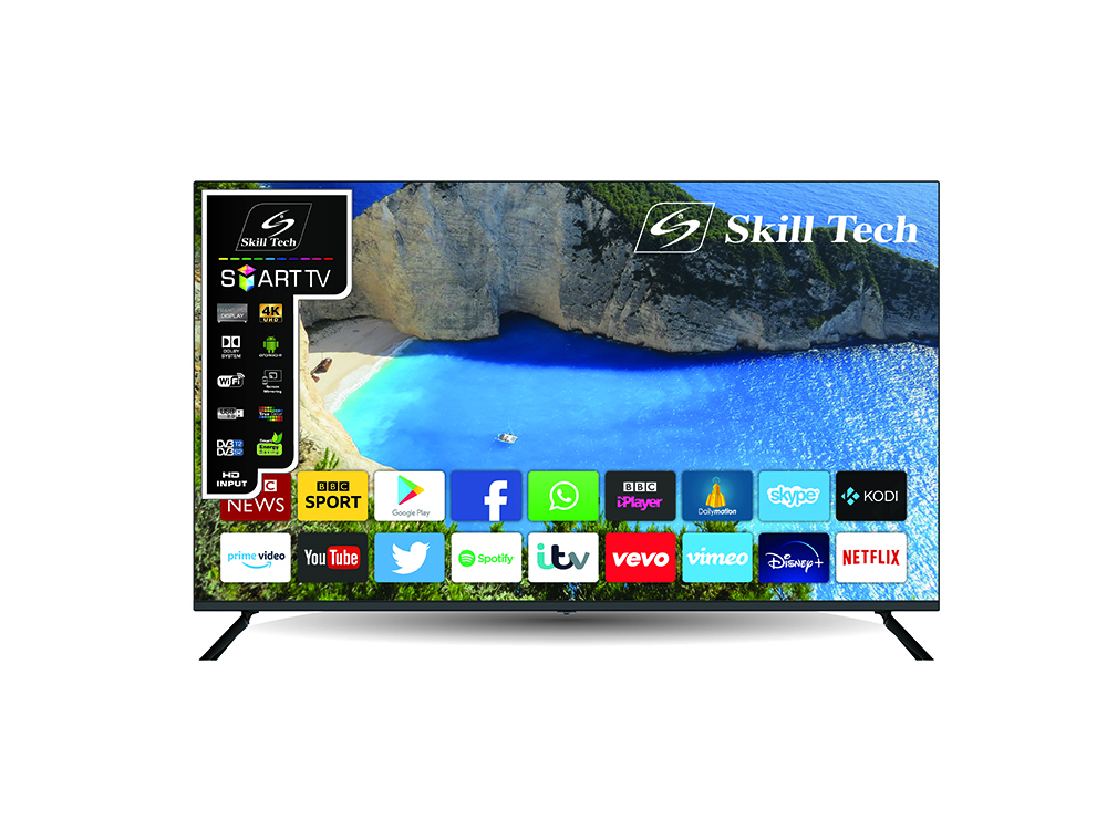 Skill Tech SK5550S4KFL 55-Inch 4K UHD Smart LED TV, 3840×2160 Resolution, A-Grade Open Cell Display, 176° Wide Viewing Angle, DVB-T2/S2 Digital TV Support, Multi-Language OSD, Long-Life LED Backlight, Black