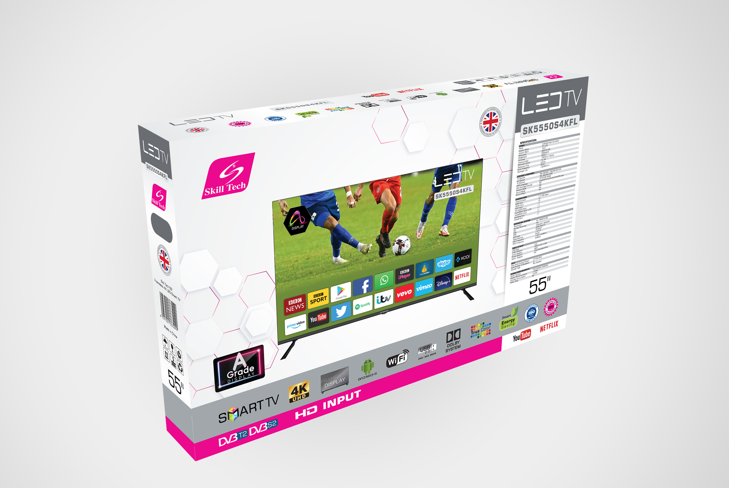 Skill Tech SK5550S4KFL 55-Inch 4K UHD Smart LED TV, 3840×2160 Resolution, A-Grade Open Cell Display, 176° Wide Viewing Angle, DVB-T2/S2 Digital TV Support, Multi-Language OSD, Long-Life LED Backlight, Black
