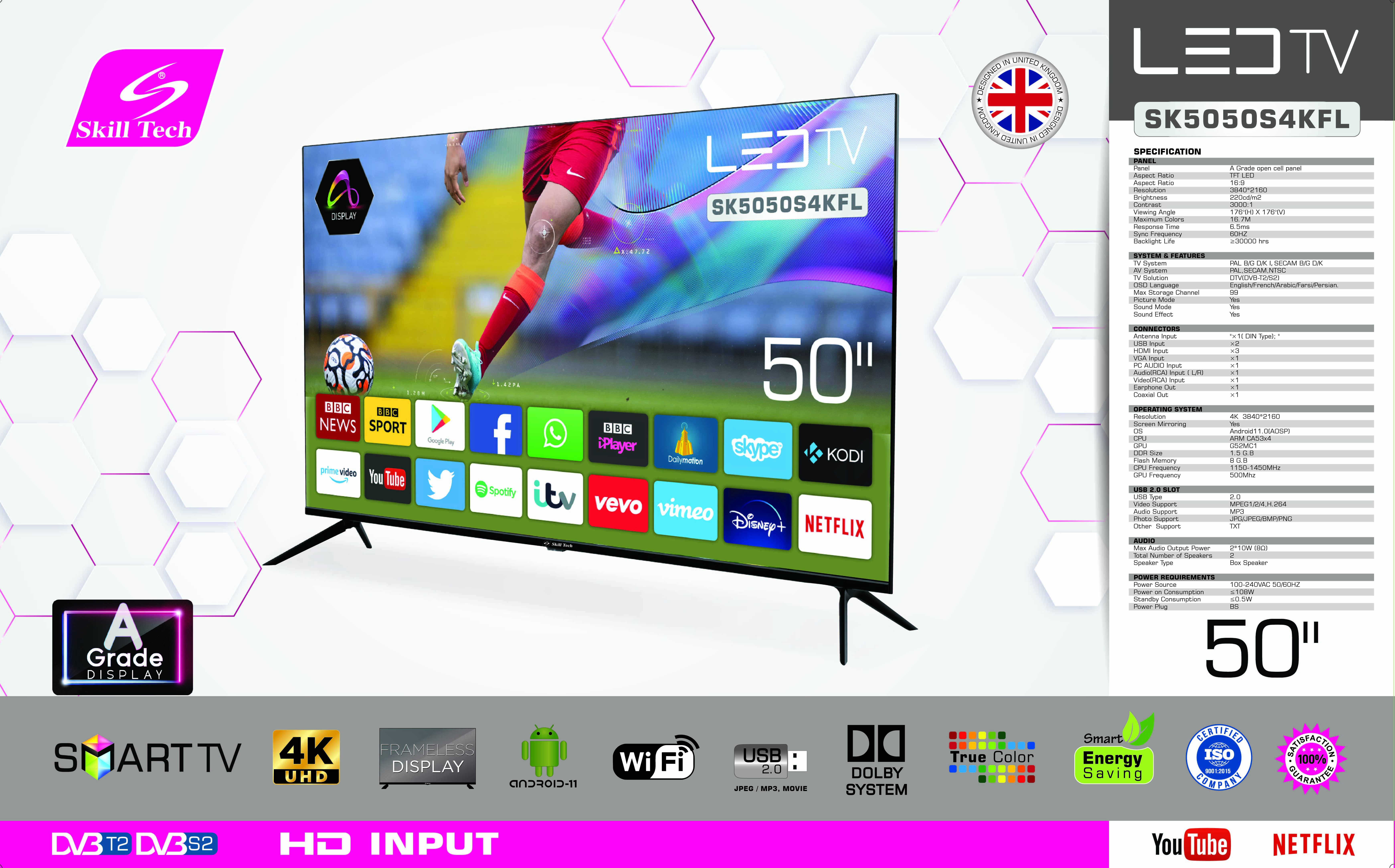 Skill Tech SK5050S4KFL 50-Inch 4K UHD Smart LED TV, 3840×2160 Resolution, A-Grade Open Cell Display, 176° Wide Viewing Angle, 3000:1 Contrast Ratio, DVB-T2/S2 Digital TV Support, Multi-Language OSD, Black