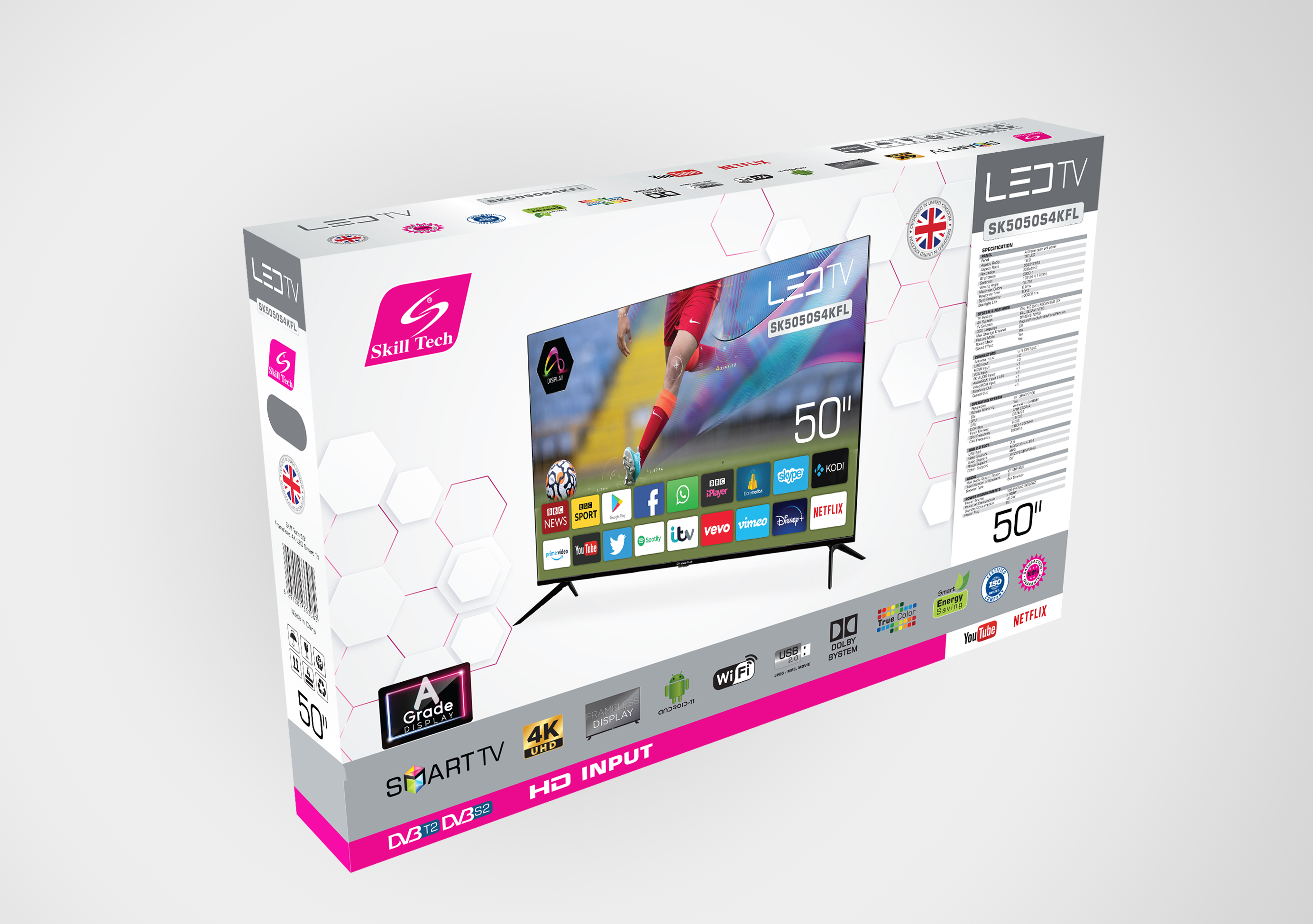 Skill Tech SK5050S4KFL 50-Inch 4K UHD Smart LED TV, 3840×2160 Resolution, A-Grade Open Cell Display, 176° Wide Viewing Angle, 3000:1 Contrast Ratio, DVB-T2/S2 Digital TV Support, Multi-Language OSD, Black
