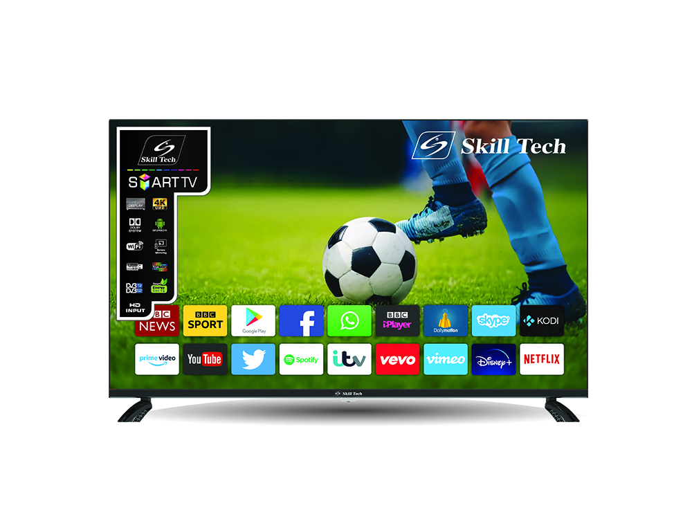 Skill Tech SK4340S4KFL 43-Inch 4K UHD Smart LED TV, 3840×2160 Resolution, A-Grade Open Cell Display, 176° Wide Viewing Angle, DVB-T2/S2 Digital TV Support, Multi-Language OSD, Long-Life LED Backlight, Black