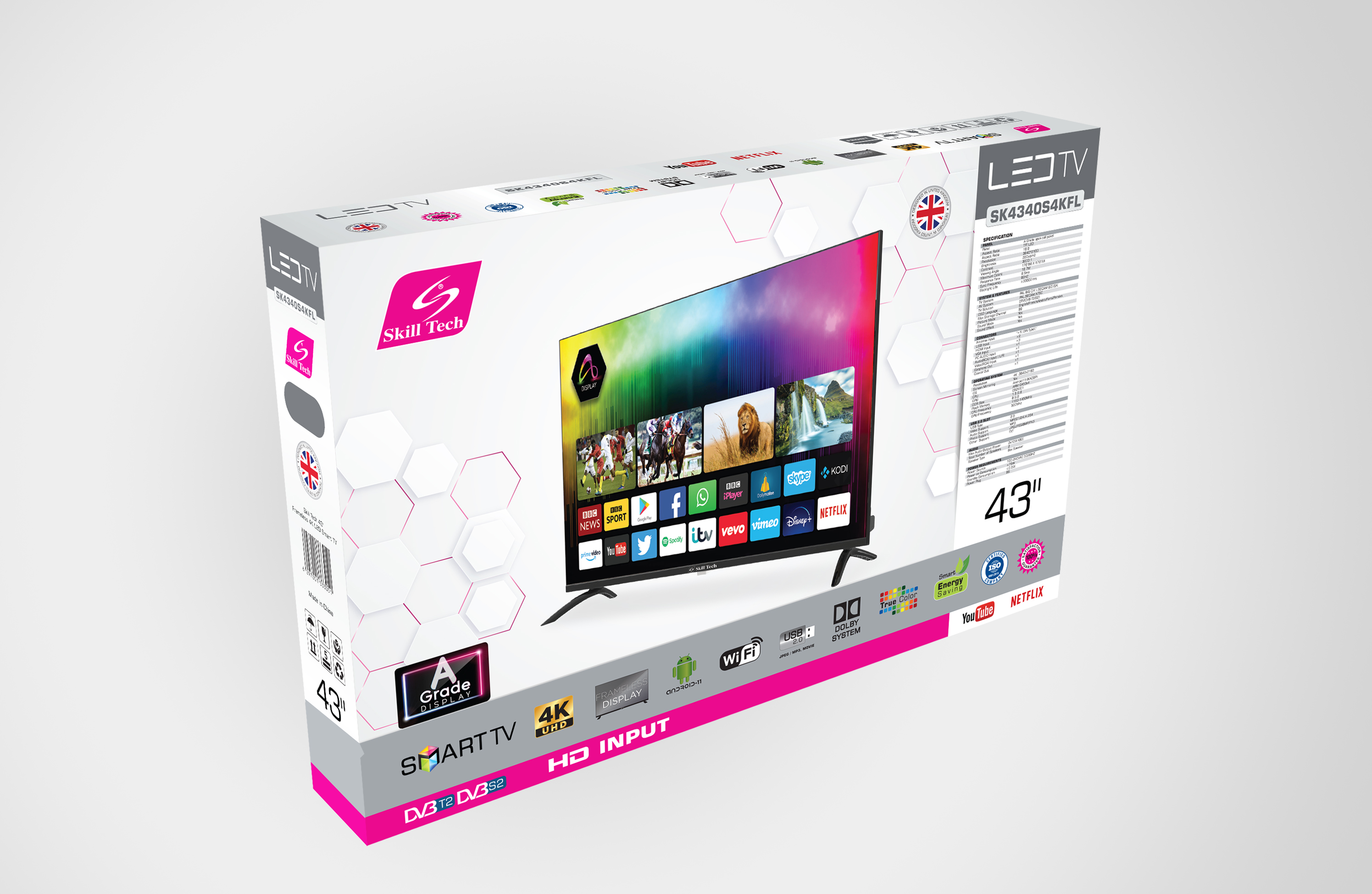 Skill Tech SK4340S4KFL 43-Inch 4K UHD Smart LED TV, 3840×2160 Resolution, A-Grade Open Cell Display, 176° Wide Viewing Angle, DVB-T2/S2 Digital TV Support, Multi-Language OSD, Long-Life LED Backlight, Black