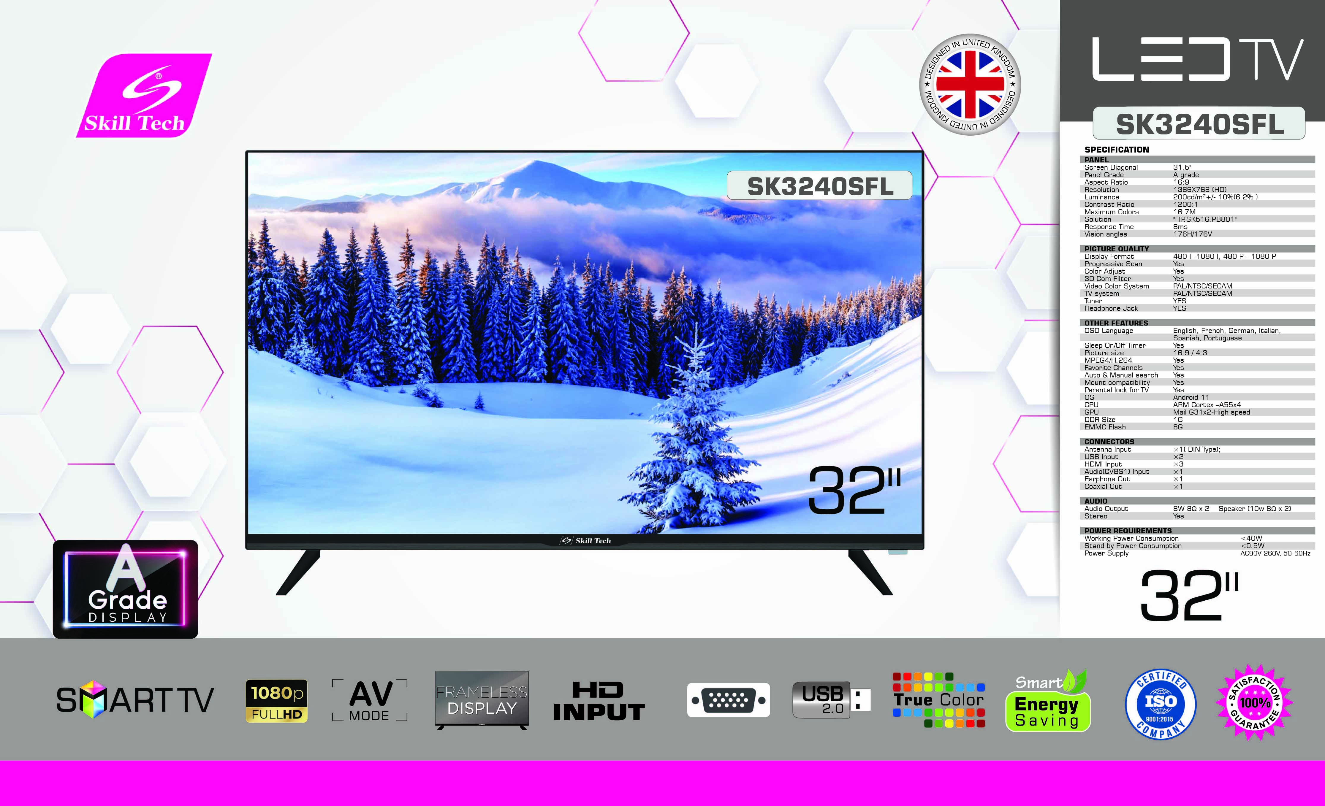 Skill Tech SK3240SFL 32-Inch Smart LED TV, HD Ready 1366×768 Resolution, A-Grade Display Panel, 176° Wide Viewing Angle, Progressive Scan, 3D Comb Filter, Multi-Language OSD, Black