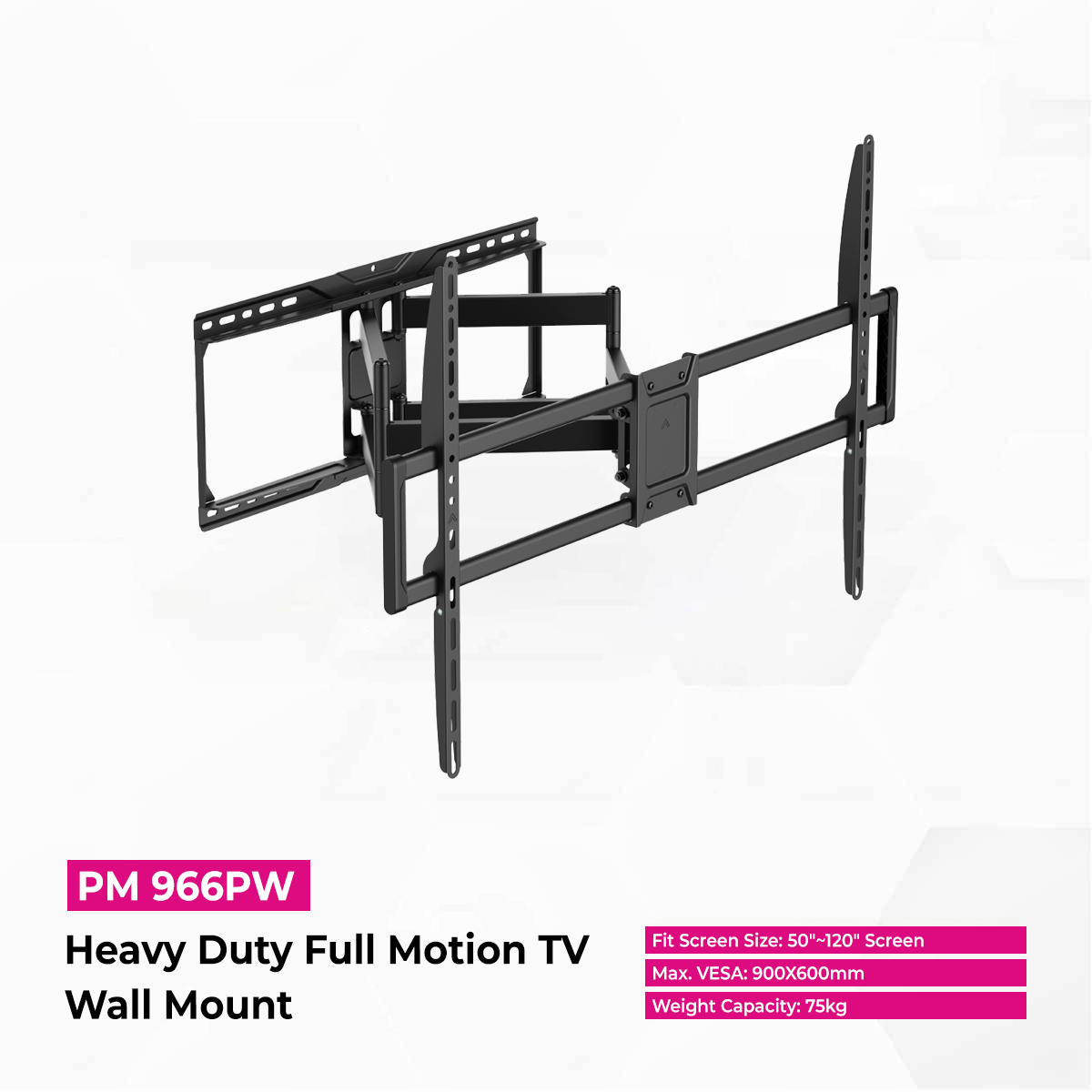Skill Tech PM966PW Heavy Duty Full Motion TV Wall Mount for 50-120 Inch TVs, Supports Up to 75kg, Swivel ±60°, Tilt +5° to -15°, Steel Construction, Cable Management, Black