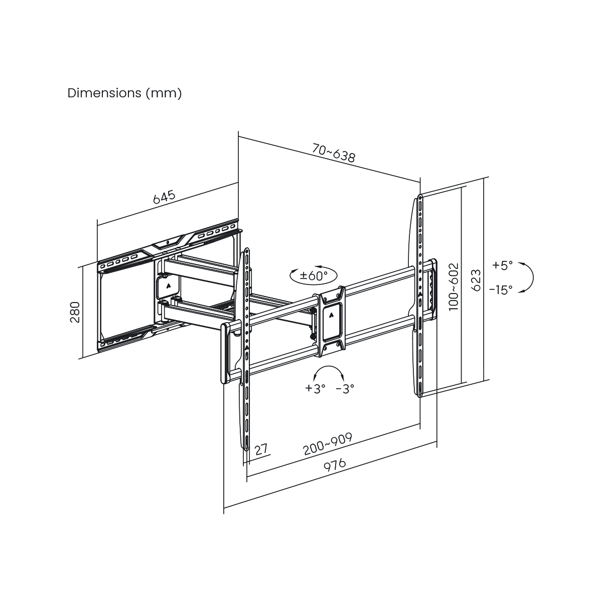 Skill Tech PM966PW Heavy Duty Full Motion TV Wall Mount for 50-120 Inch TVs, Supports Up to 75kg, Swivel ±60°, Tilt +5° to -15°, Steel Construction, Cable Management, Black