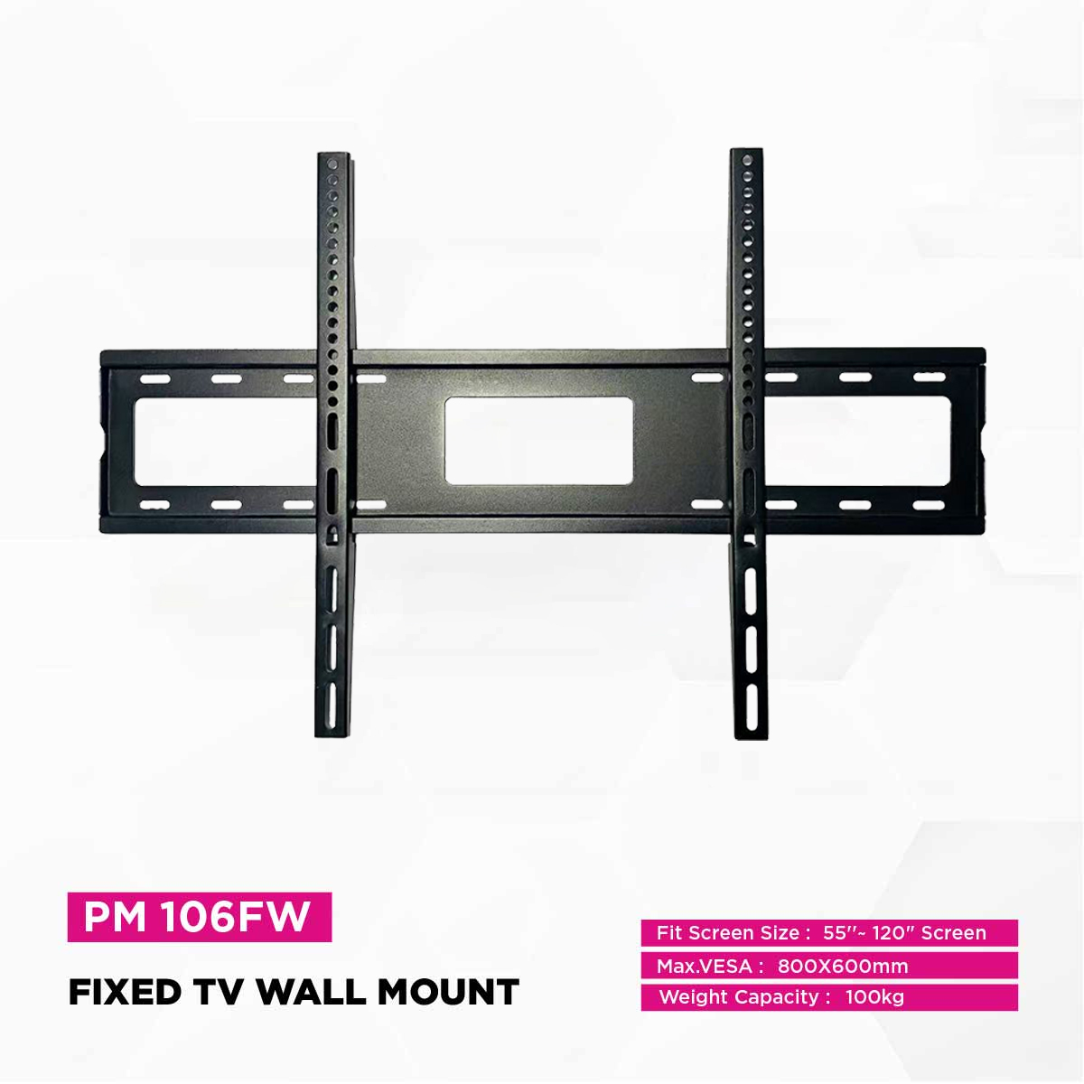 Skill Tech PM106FW Fixed TV Wall Mount for 55-120 Inch Flat & Curved TVs, Supports Up to 100kg, Ultra-Slim 30mm Profile, Universal VESA 800×600mm, Heavy Duty Steel, Black