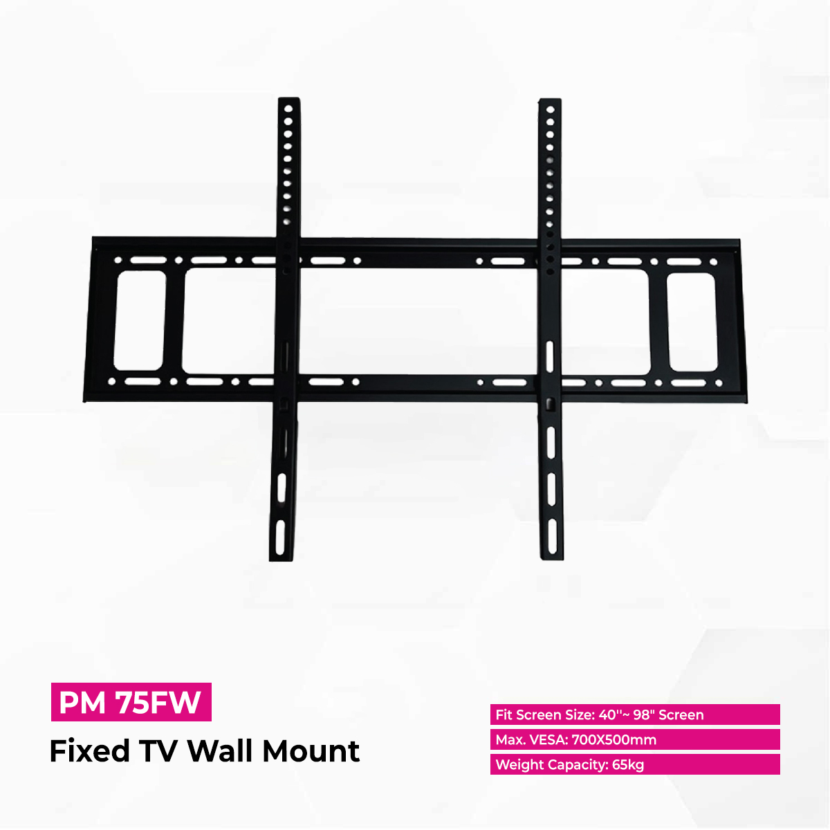 Skill Tech PM75FW Fixed TV Wall Mount for 40-98 Inch Flat & Curved TVs, Supports Up to 65kg, Ultra-Slim 30mm Profile, Heavy Duty Steel Construction, Bubble Level, Black