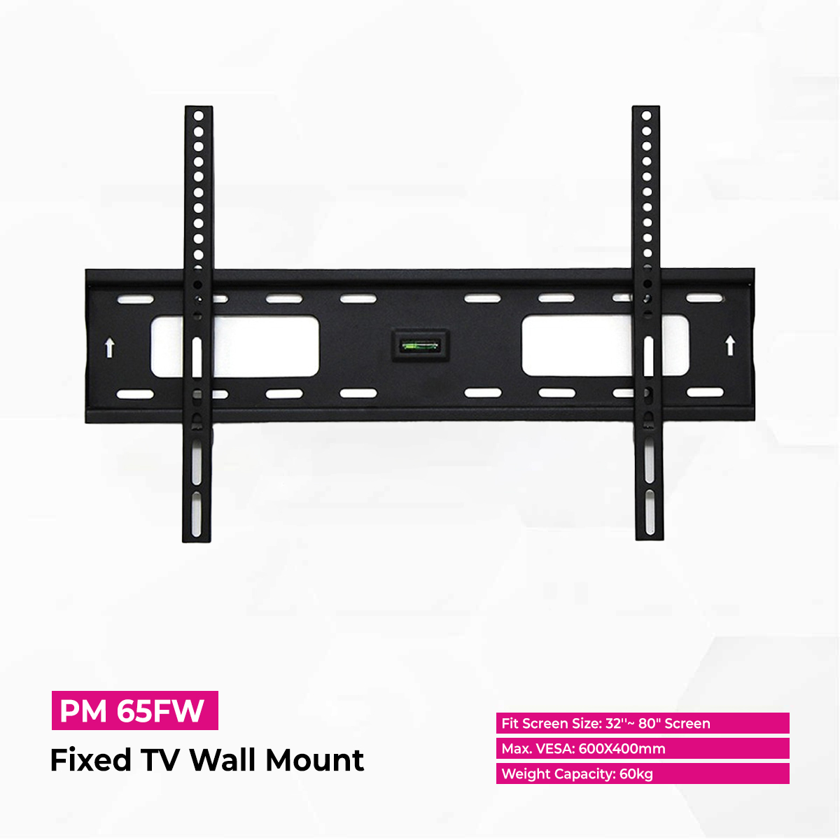 Skill Tech PM65FW Fixed TV Wall Mount for 32-80 Inch Flat & Curved TVs, Supports Up to 60kg, Ultra-Slim 30mm Profile, Heavy Duty Steel Construction, Bubble Level, Black