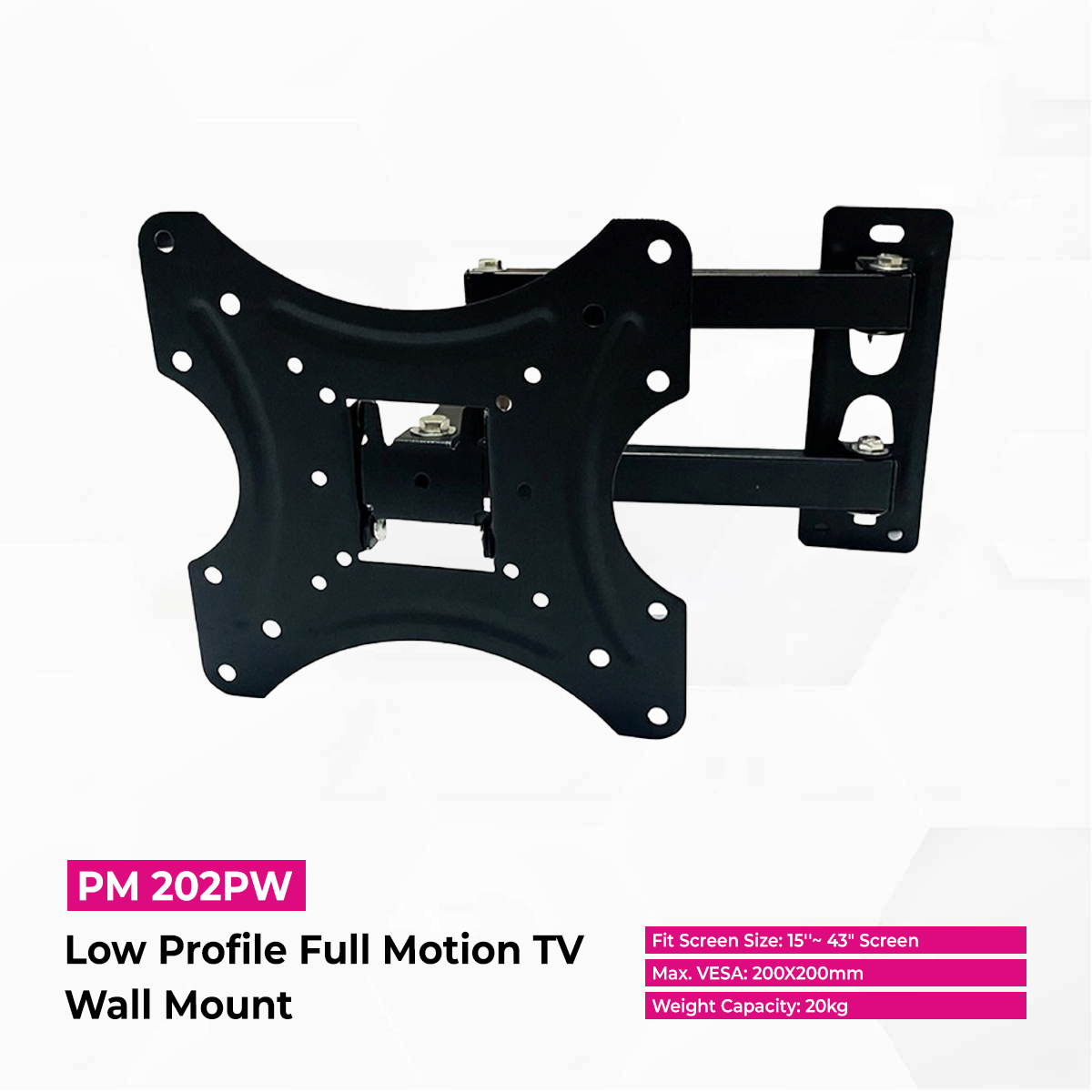 Skill Tech PM202PW Low Profile Full Motion TV Wall Mount for 15-43 Inch Flat & Curved TVs, Supports Up to 20kg, Tilt +15° to -15°, Extendable 35-420mm, Heavy Duty Steel, Black