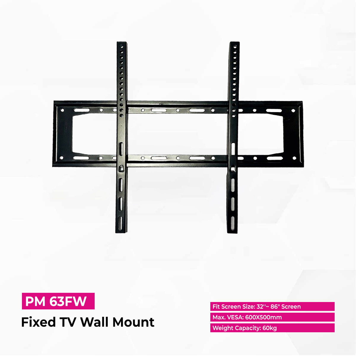 Skill Tech PM63FW Fixed TV Wall Mount for 32-86 Inch Flat & Curved TVs, Supports Up to 60kg, Ultra-Slim 25mm Profile, Universal VESA 600×500mm, Heavy Duty Steel, Black