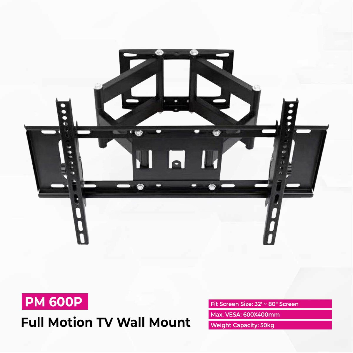 Skill Tech PM600P Full Motion TV Wall Bracket for 32-80 Inch Flat & Curved TVs, 50kg Load Capacity, Swivel & Tilt Adjustment, Universal VESA Compatible, Black