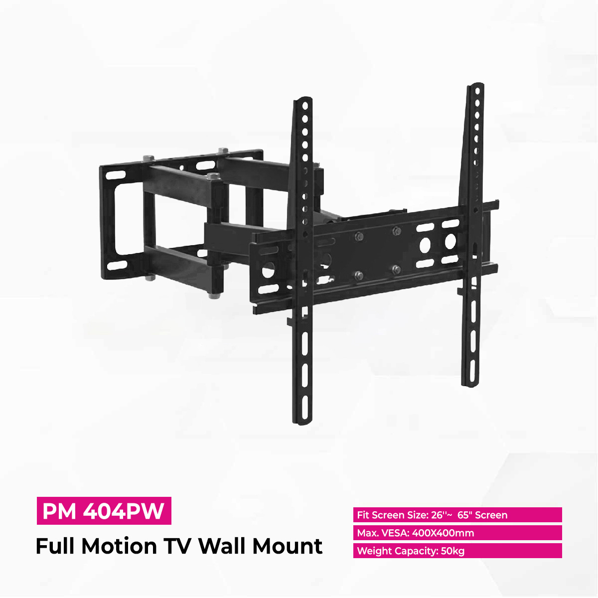 Skill Tech PM404PW Full Motion TV Wall Bracket for 26-65 Inch Flat & Curved TVs, 50kg Load Capacity, Swivel & Tilt Adjustment, Universal VESA Compatible, Black
