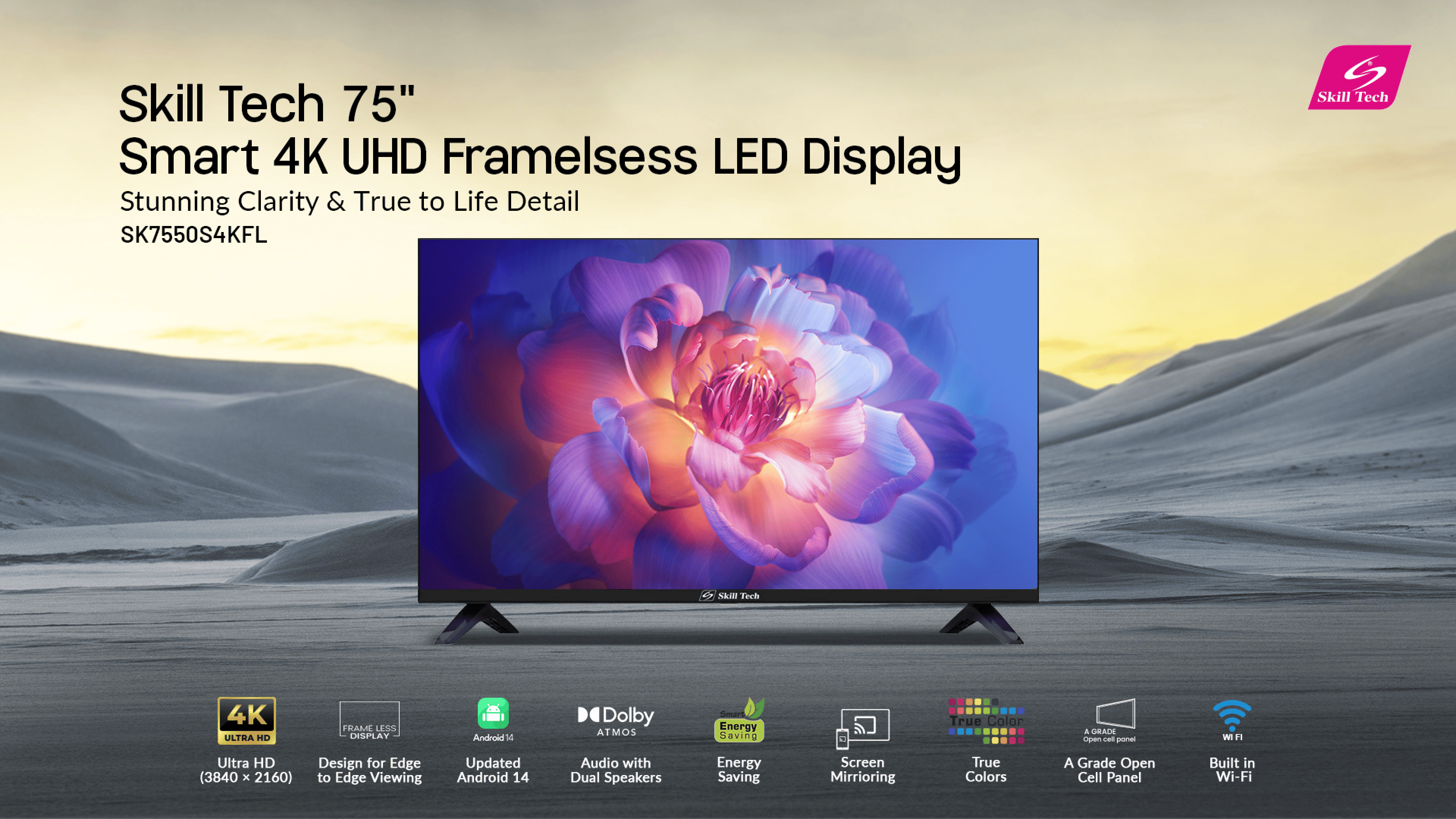 Skill Tech SK7550S4KFL 75-Inch 4K Ultra HD Smart LED Television, 3840×2160 UHD Display, A-Grade Panel, Progressive Scan, 3D Comb Filter, Black