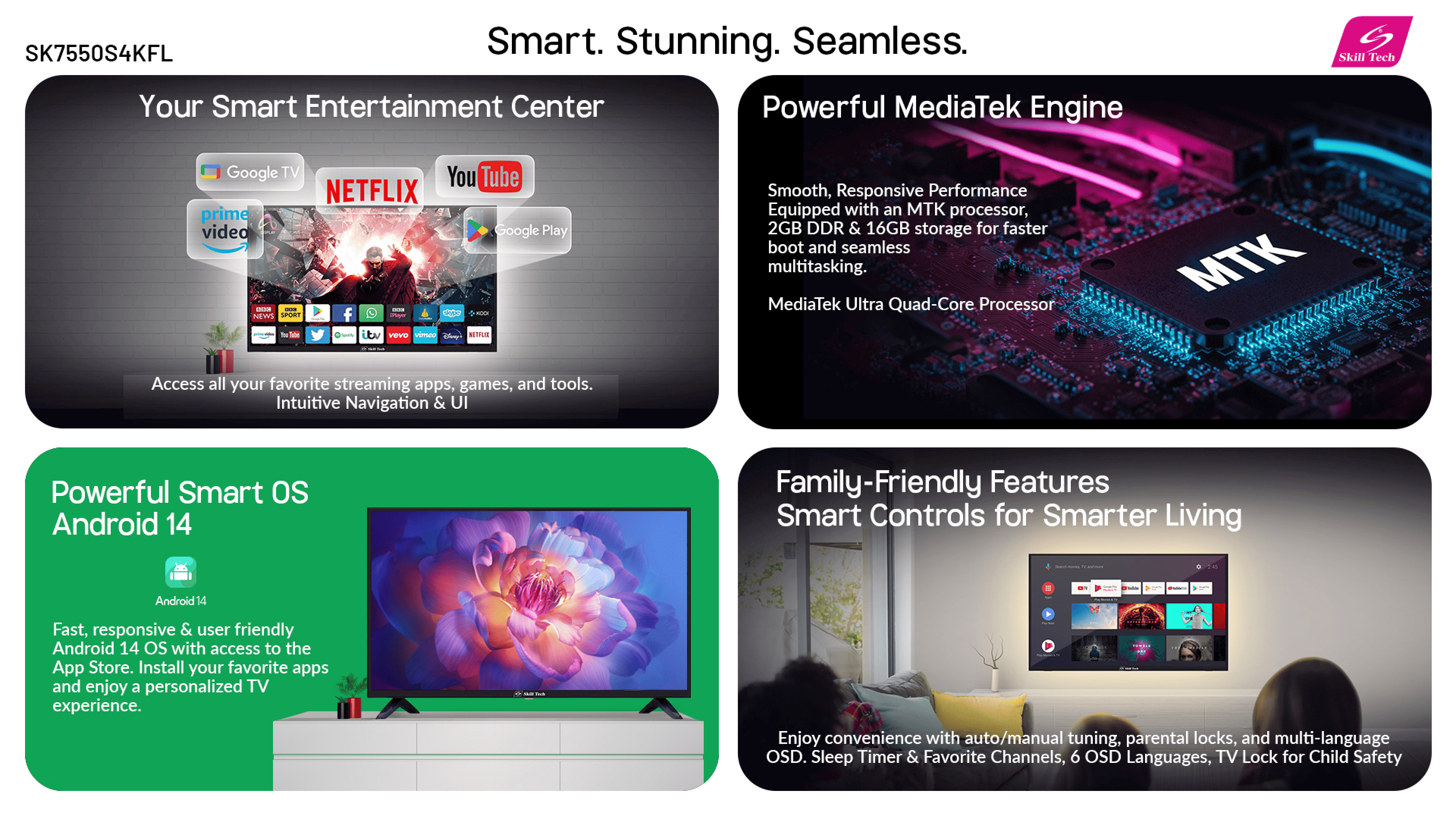Skill Tech SK7550S4KFL 75-Inch 4K Ultra HD Smart LED Television, 3840×2160 UHD Display, A-Grade Panel, Progressive Scan, 3D Comb Filter, Black